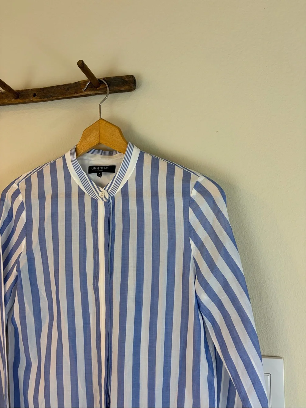 Lafayette 148 Striped Cotton Blouse P Blue White Mandarin Collar - Picture 3 of 7